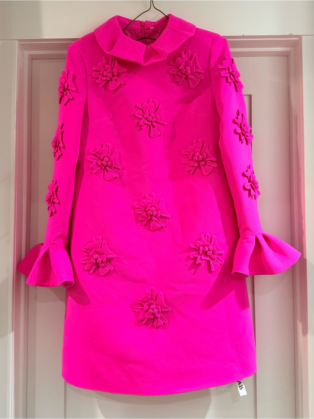 Bright Pink Floral Appliqué Long Sleeve Dress